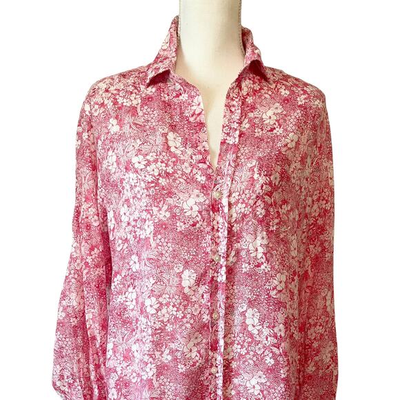 Frank & Eileen Mary Dress Shirtdress Linen Pink Floral Hibiscus Size S - Picture 4 of 7